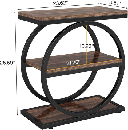 Nutshell narrow end table with storage featuring a modern circular design and multiple shelves