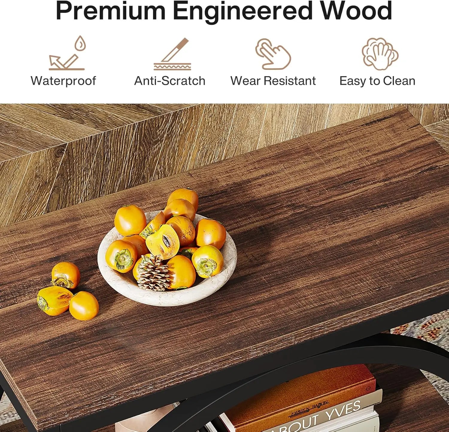 Narrow end table with storage made of premium engineered wood featuring a waterproof surface