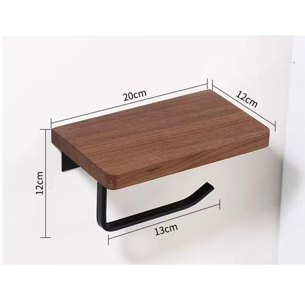 Natural Walnut Toilet Paper Holder with Black Metal Arm for Stylish Bathroom Storage