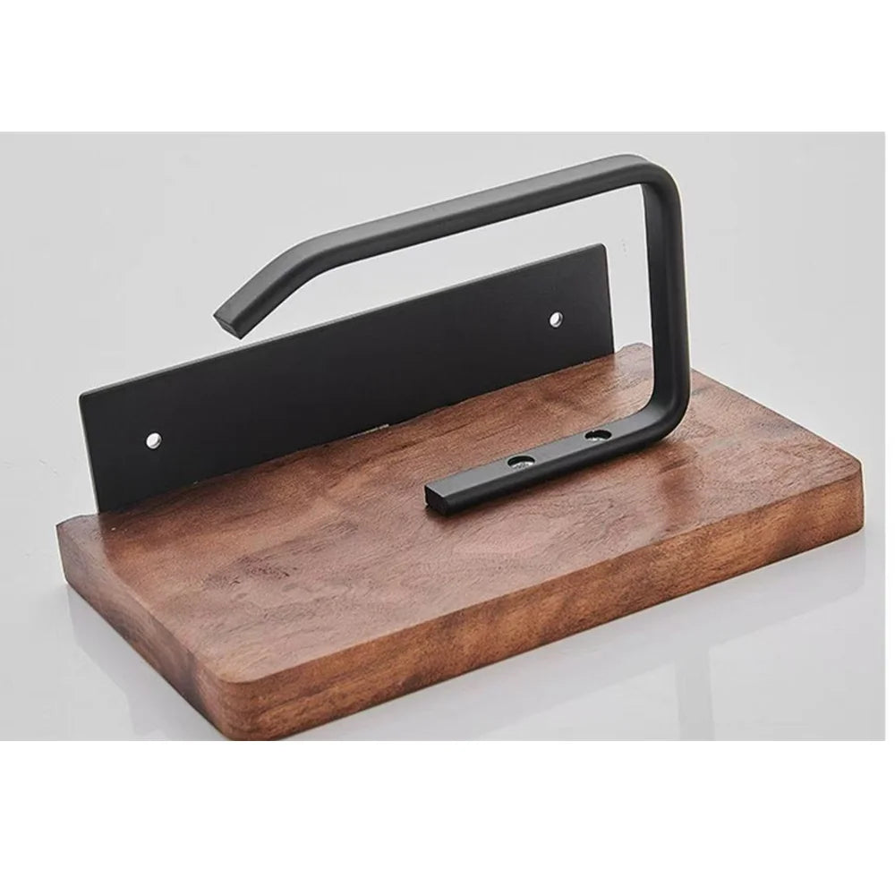 Natural Walnut Toilet Paper Holder with a sleek black metal arm for modern bathrooms