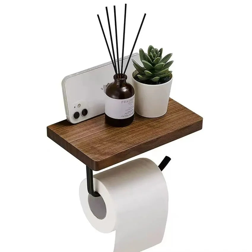 Natural Walnut Toilet Paper Holder with shelf for decor and essentials, perfect for bathroom organization