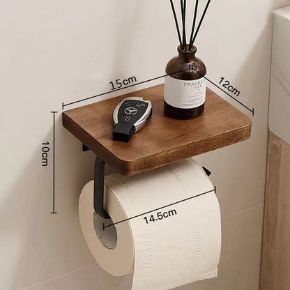 Natural Walnut Toilet Paper Holder with shelf for keys and decor, stylish bathroom accessory