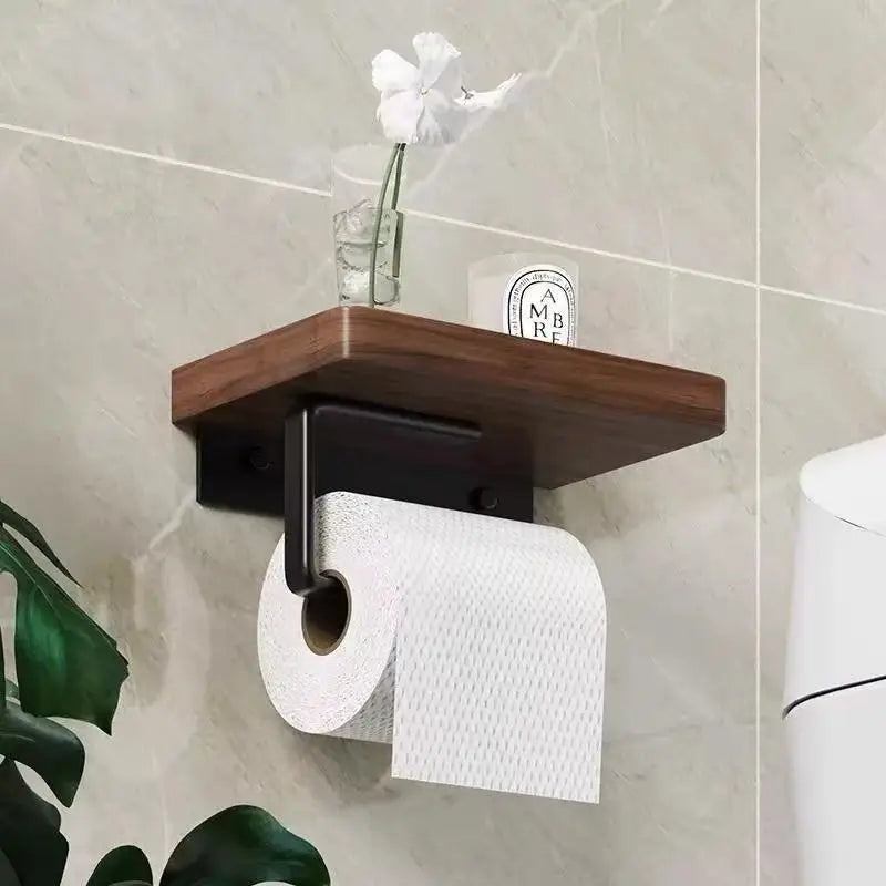 Natural Walnut Toilet Paper Holder with Shelf for Convenient Bathroom Storage