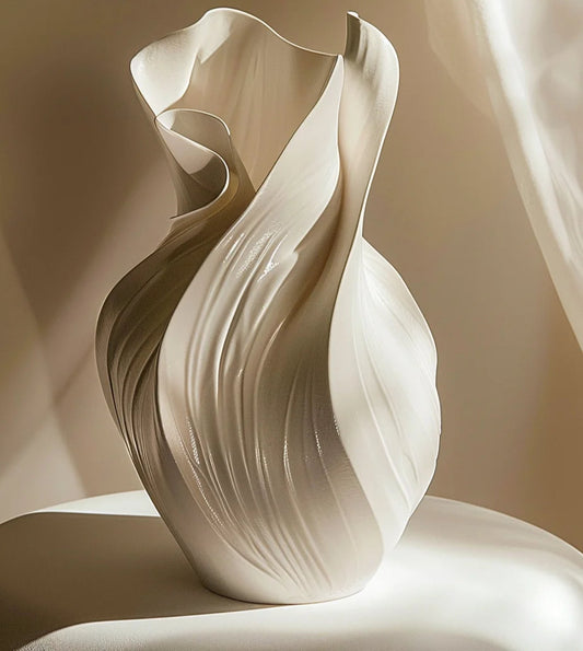Nutshell Nordic abstract ceramic vase with flowing sculptural design in soft neutral tones