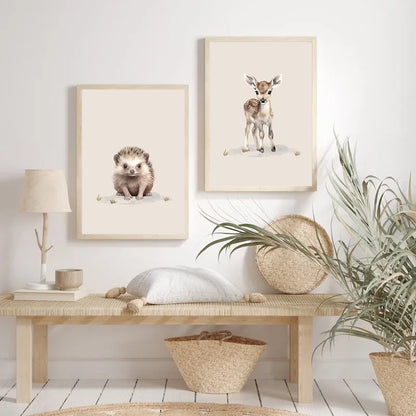 Nordic animal wall art for kids featuring a cute hedgehog and a graceful deer in natural tones
