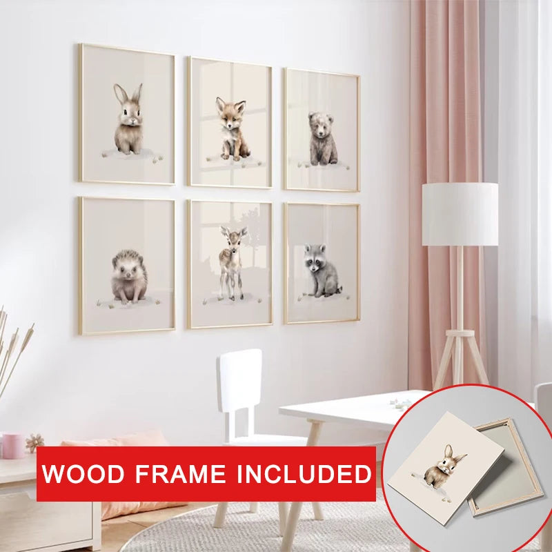 Nordic animal wall art for kids featuring six framed animal illustrations in a cozy room setting