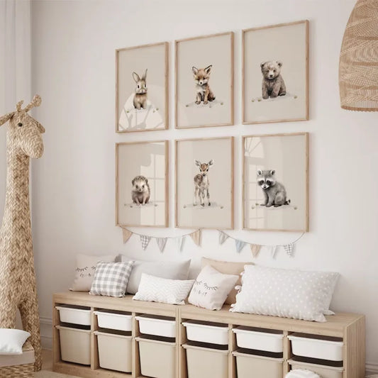 Cute Nordic animal wall art for kids displayed in frames, perfect for nursery decor