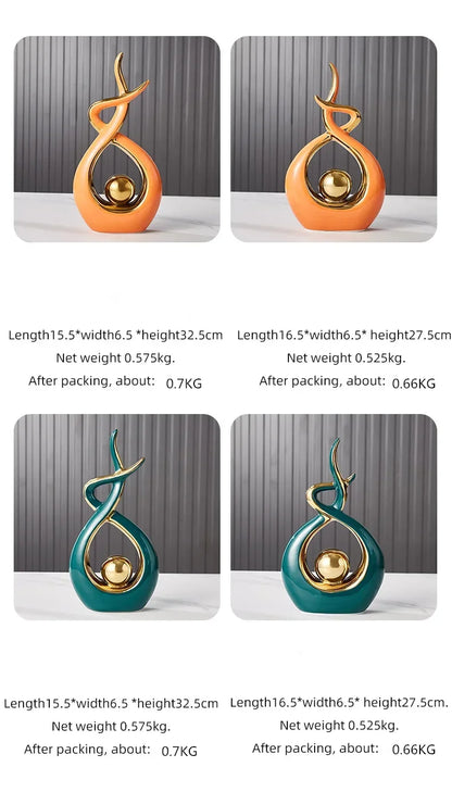 Nutshell modern vases featuring Nordic home decor figurines in orange and teal with gold accent balls