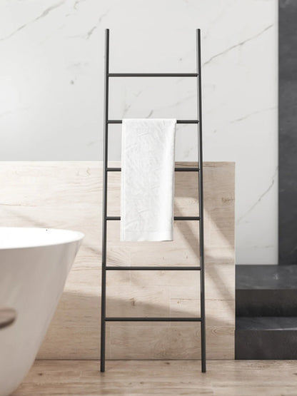 Modern Nordic Style Towel Rack Ladder in Black with a White Towel for Bathroom Decor
