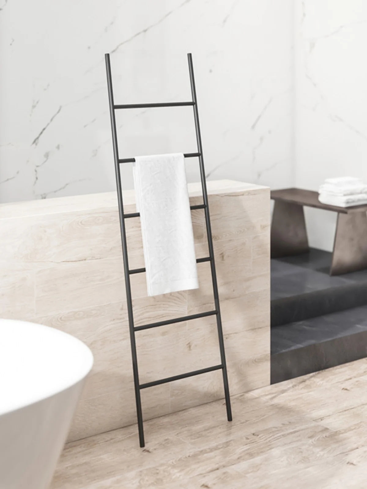 Nordic Style Towel Rack Ladder in Black Metal Perfect for Bathroom Organization with White Towel