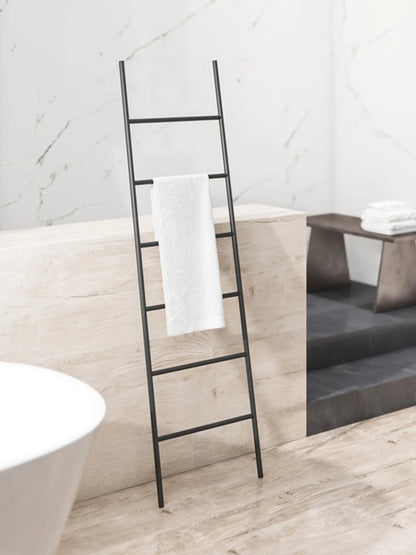 Nordic Style Towel Rack Ladder in Black Metal Perfect for Bathroom Organization with White Towel
