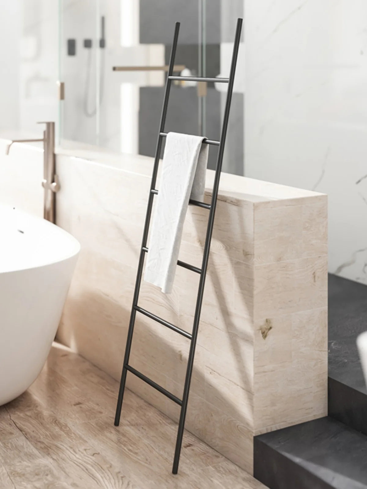 Nordic Style Towel Rack Ladder in sleek black finish, perfect for modern bathrooms