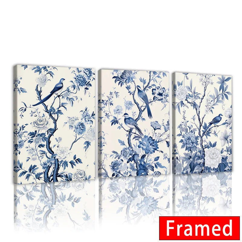 Framed Nordic wildflower wall art featuring blue floral patterns and birds for elegant home decor