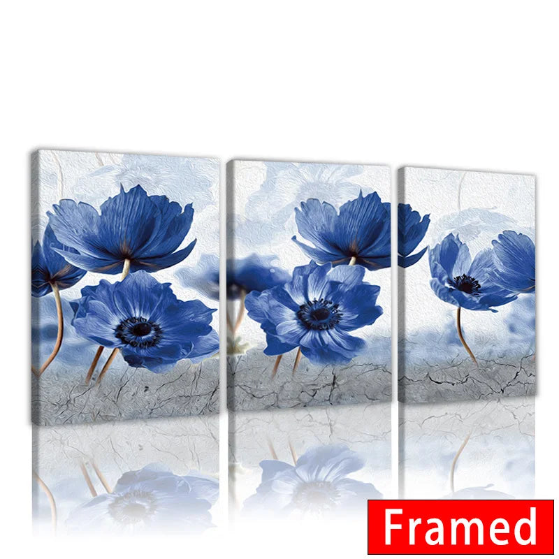 Framed Nordic wildflower wall art featuring vibrant blue flowers on a textured background