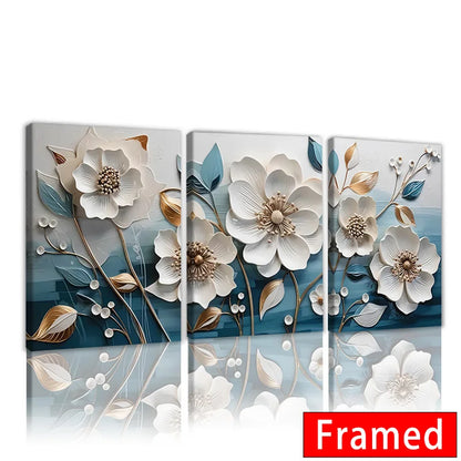Framed Nordic wildflower wall art with three-dimensional floral designs in soft colors