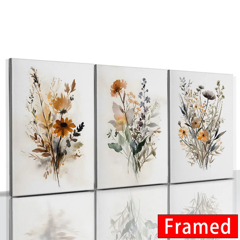 Framed Nordic wildflower wall art set featuring three botanical prints in soft colors