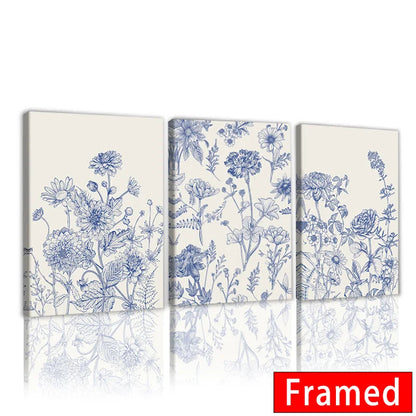 Nordic wildflower wall art set of three framed botanical prints in blue and white design