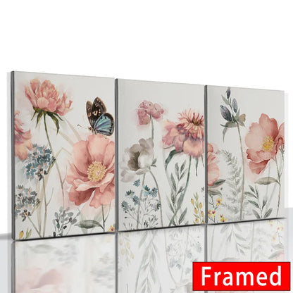 Framed Nordic wildflower wall art featuring delicate floral designs and a butterfly accent
