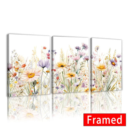 Framed Nordic wildflower wall art featuring colorful floral designs in three panels for home decor