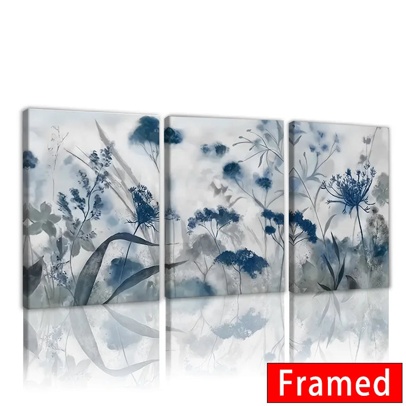 Framed Nordic wildflower wall art in blue tones with a serene floral design across three panels