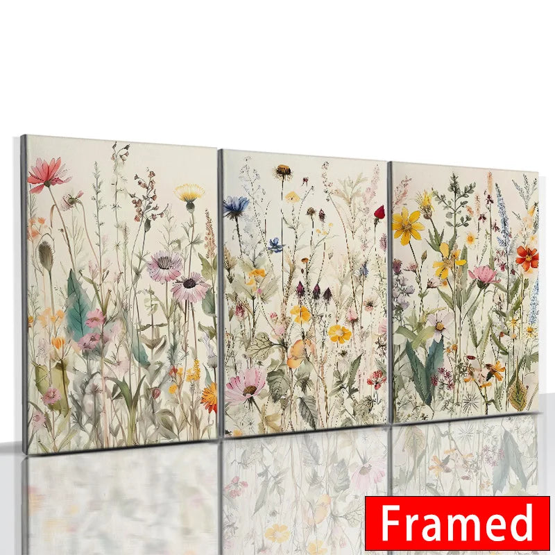 Framed Nordic wildflower wall art featuring colorful botanical illustrations in three-panel design