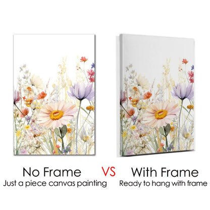 Nordic wildflower wall art featuring colorful flowers on canvas with and without frame options