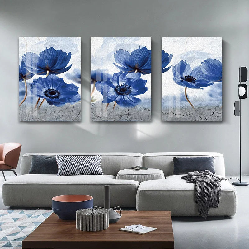 Nordic wildflower wall art featuring blue anemone flowers in a modern living room setting