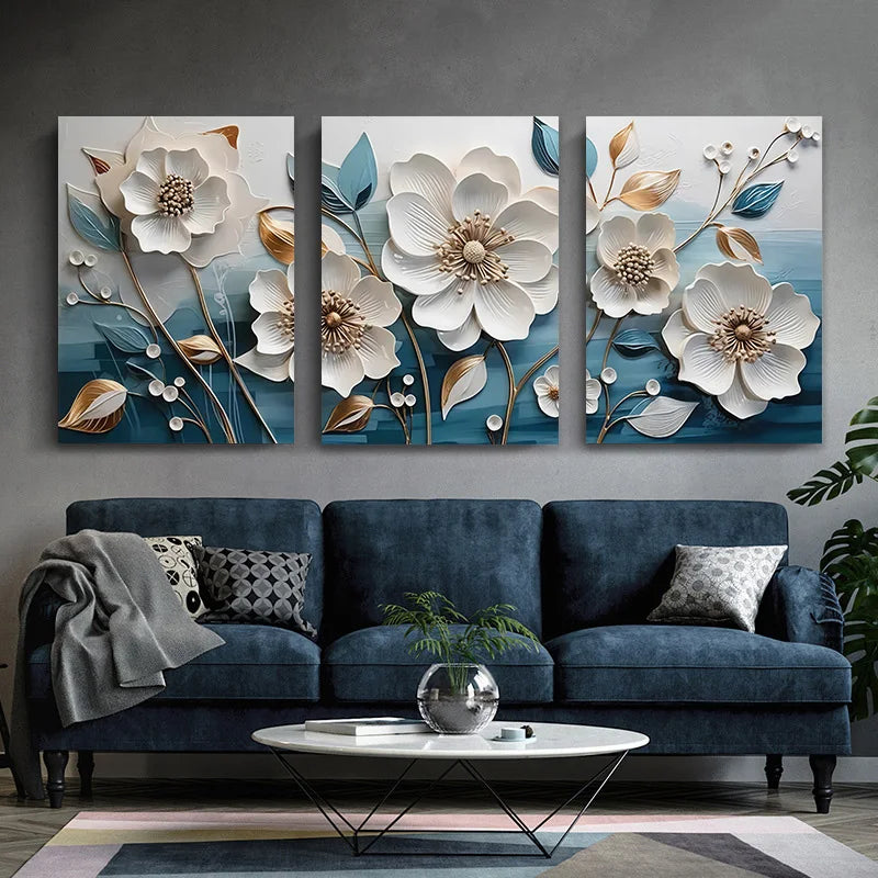 Nordic wildflower wall art featuring elegant floral designs in a modern living room setting