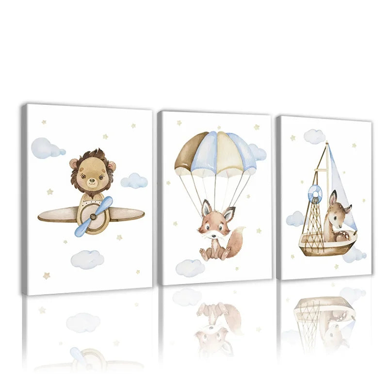 Cute nursery wall art for boys featuring playful animals with planes and parachutes in soft colors