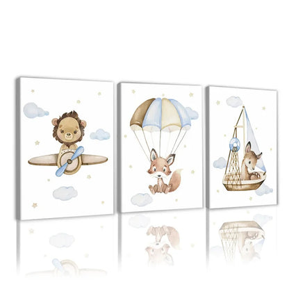 Cute nursery wall art for boys featuring playful animals with planes and parachutes in soft colors