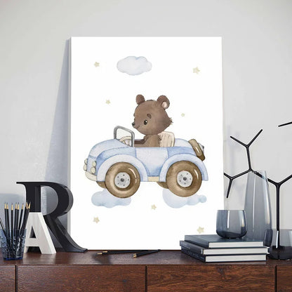 Cute nursery wall art for boys featuring a bear driving a blue car among clouds and stars