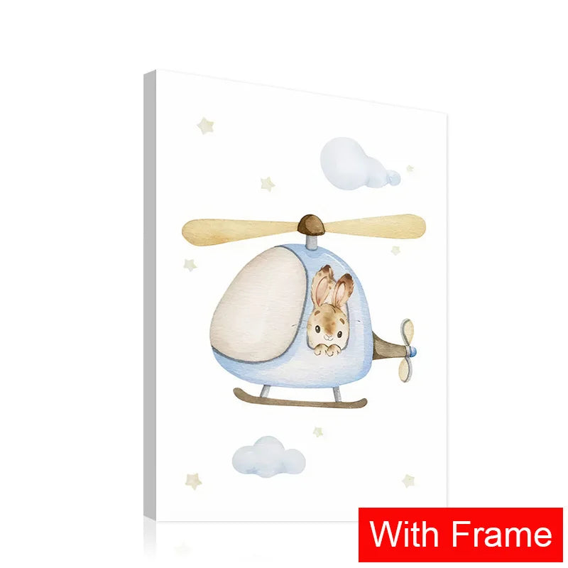 Whimsical nursery wall art for boys featuring a cute bunny in a blue helicopter with soft clouds