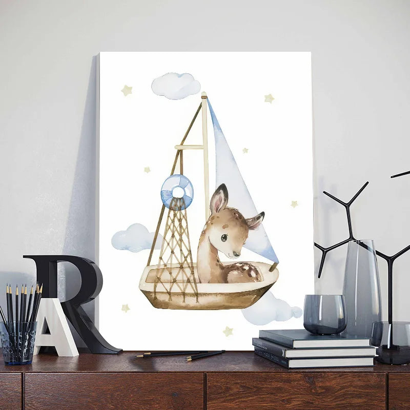 Cute nursery wall art for boys featuring a deer in a boat with clouds and stars