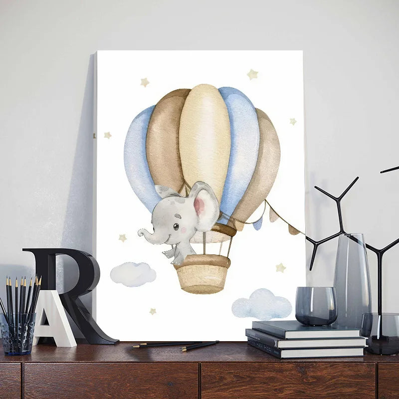 Cute nursery wall art for boys featuring an elephant in a colorful hot air balloon