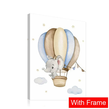 Cute nursery wall art for boys featuring an elephant in a hot air balloon with soft colors