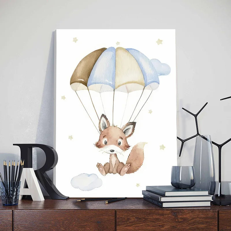 Cute nursery wall art for boys featuring a fox with a parachute and clouds