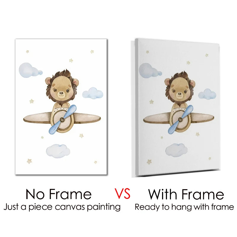 Nursery wall art for boys featuring a cute lion pilot in a playful airplane setting
