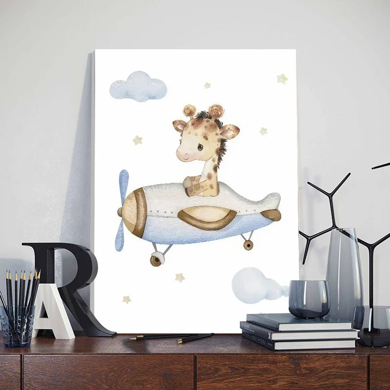 Adorable nursery wall art for boys featuring a giraffe flying in a toy airplane among clouds