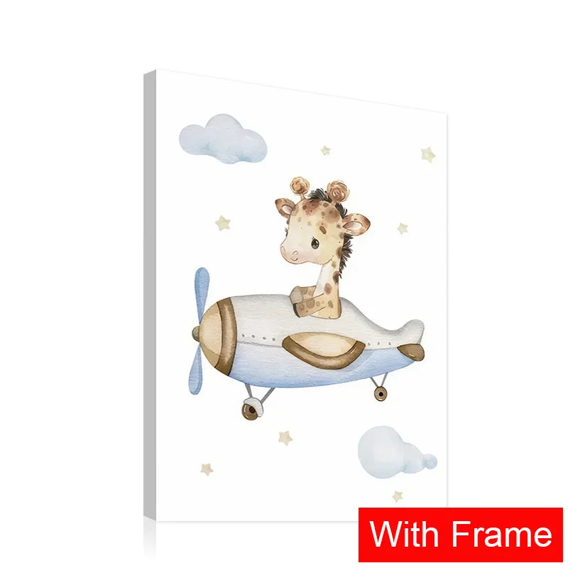 Cute nursery wall art for boys featuring a giraffe flying an airplane with clouds and stars
