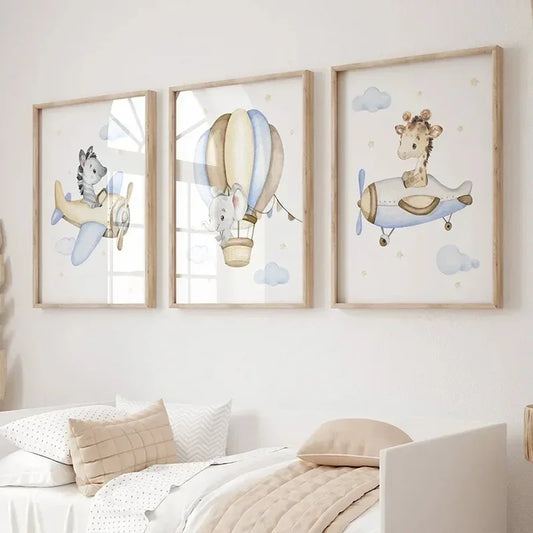 Nutshell nursery wall art for boys featuring cute animals in airplanes and hot air balloons