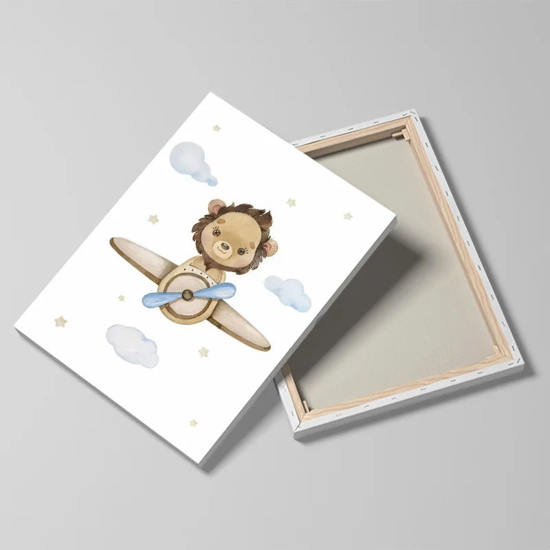 Cute nursery wall art for boys featuring a playful lion in an airplane among clouds and stars
