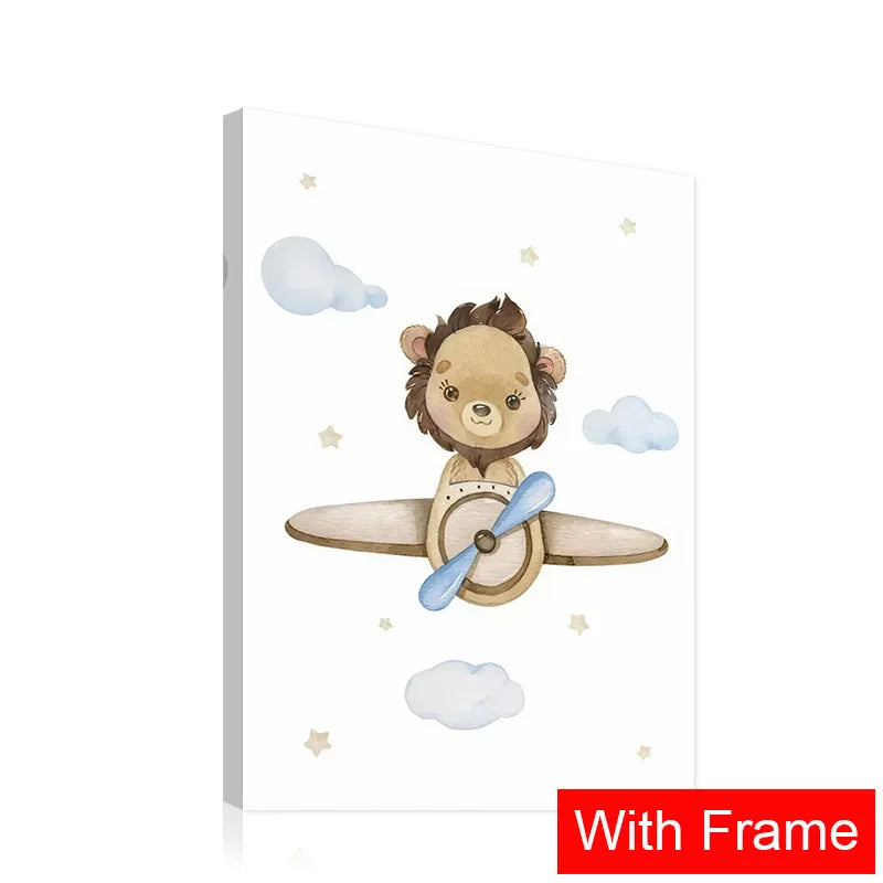 Framed nursery wall art for boys featuring a cute lion flying a wooden plane among fluffy clouds
