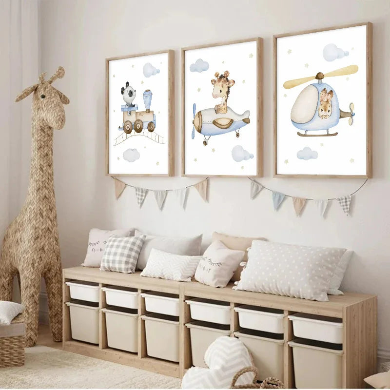 Nursery wall art for boys featuring playful animals in a train, airplane, and helicopter design