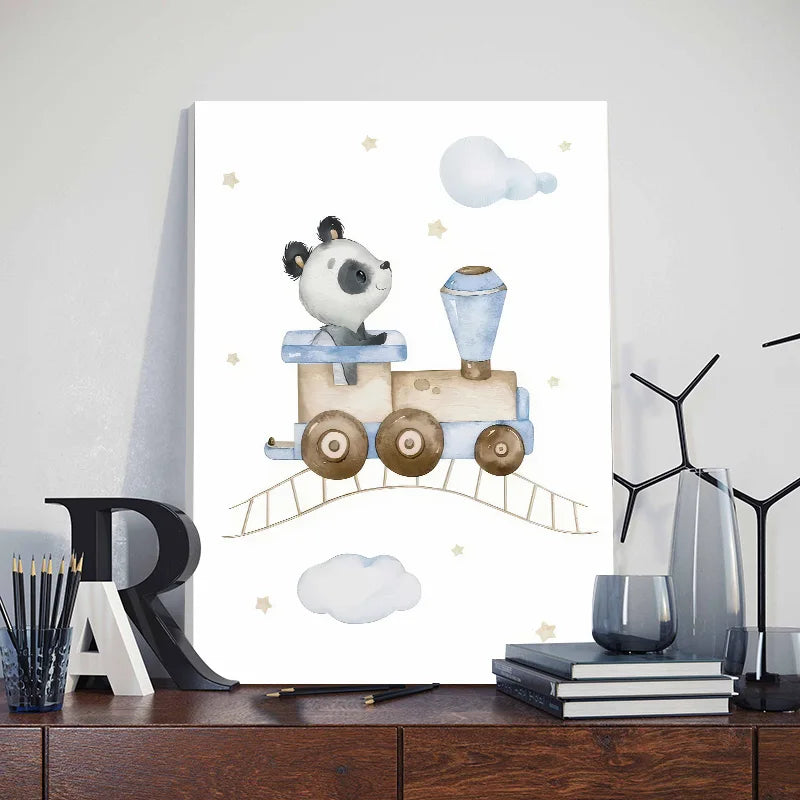 Cute nursery wall art for boys featuring a panda on a train with clouds and stars