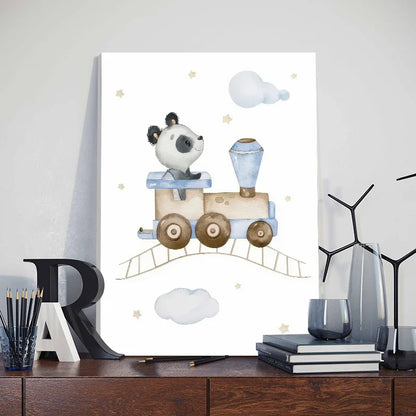 Cute nursery wall art for boys featuring a panda on a train with clouds and stars