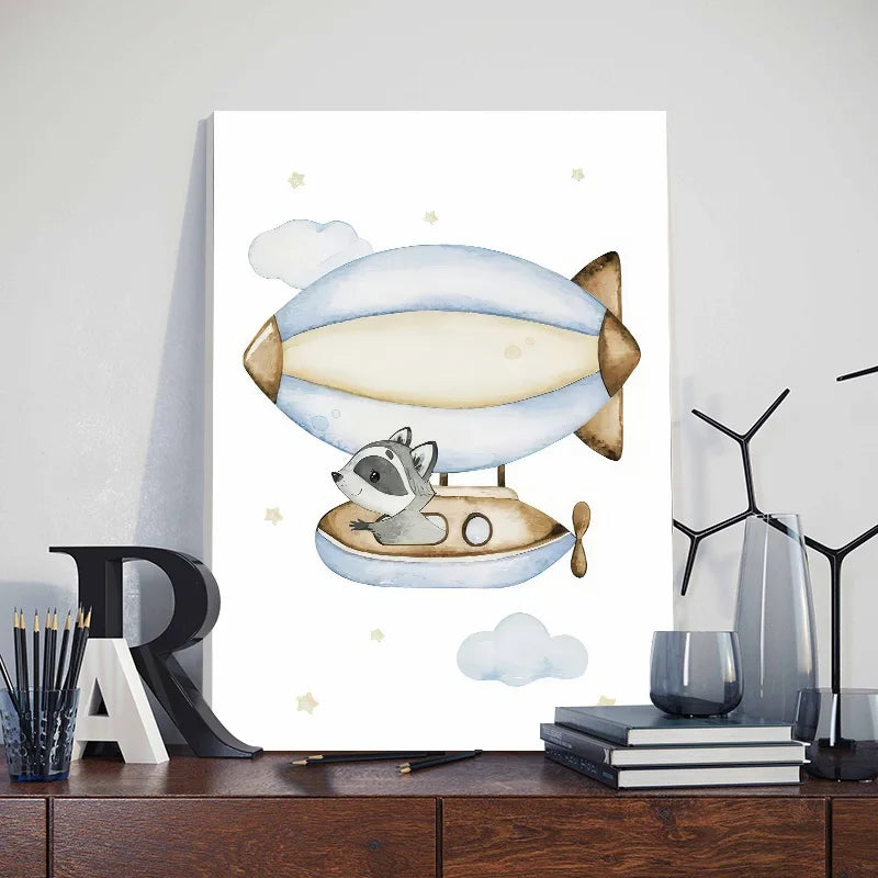 Nursery wall art for boys featuring a raccoon in a blimp with clouds and stars