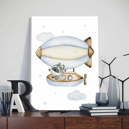 Nursery wall art for boys featuring a raccoon in a blimp with clouds and stars