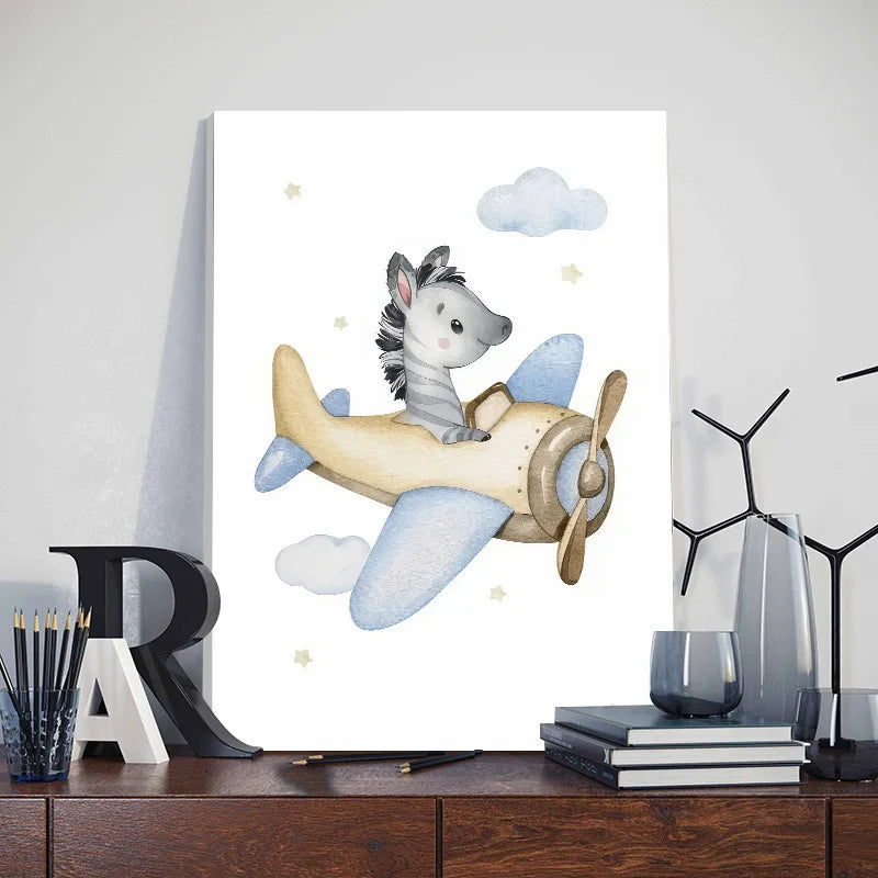 Cute nursery wall art for boys featuring a zebra flying an airplane among clouds