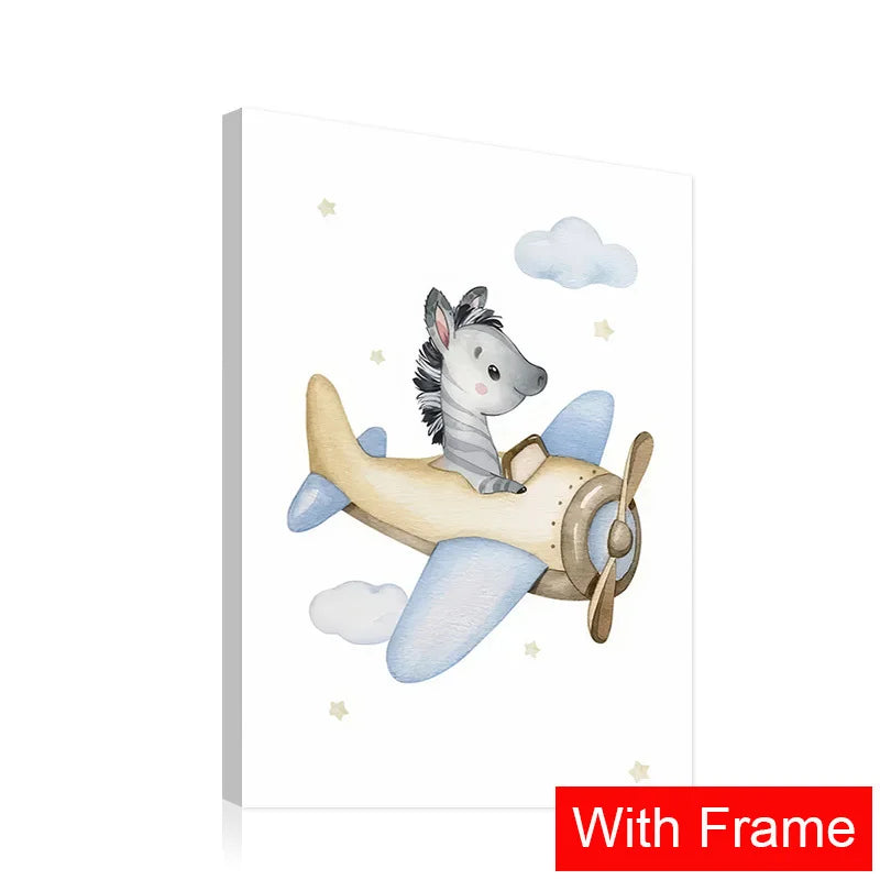 Framed nursery wall art for boys featuring a zebra flying an airplane with clouds and stars
