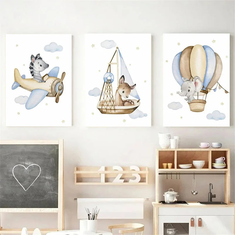 Cute nursery wall art for boys featuring animals in an airplane, sailboat, and hot air balloon